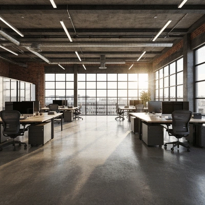 Industrial-chic office space with polished concrete floors and natural light