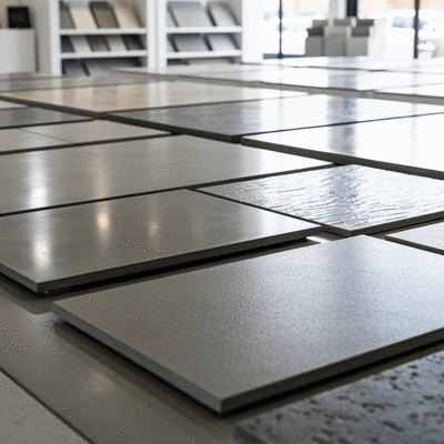 Various polished concrete flooring materials and samples in a showroom environment