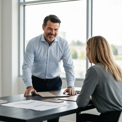 Flooring expert consulting with a client, showing floor samples and plans