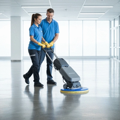 Professional cleaning staff maintaining a polished concrete floor with a floor buffer, clean and bright environment