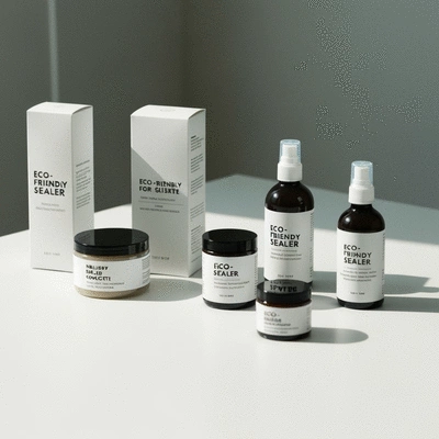 Eco-friendly sealer products for polished concrete, clean packaging, natural ingredients, no text, no words, no typography, clean image