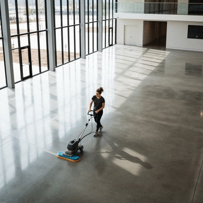 Person using a floor buffer on a polished concrete floor in a commercial setting