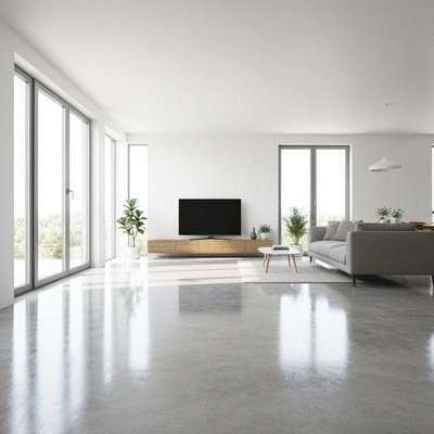 Modern living room with high-gloss polished concrete floor, bright and clean, no text, no words, no typography, 8K
