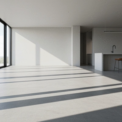 Modern interior with polished concrete floor, natural light, minimalist design, no text, no words, no typography, clean image