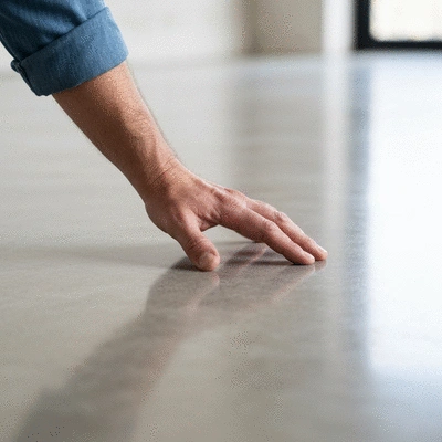 Close-up of a person's hand inspecting a perfectly polished concrete floor