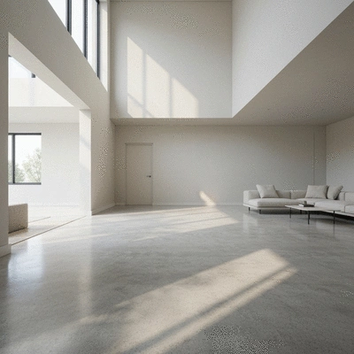 Polished concrete floor in a modern living room with natural light