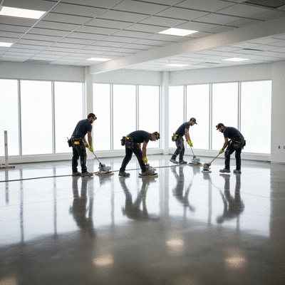 Workers installing polished concrete flooring in a modern commercial space