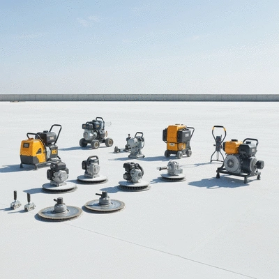 Professional concrete polishing tools and equipment on a construction site