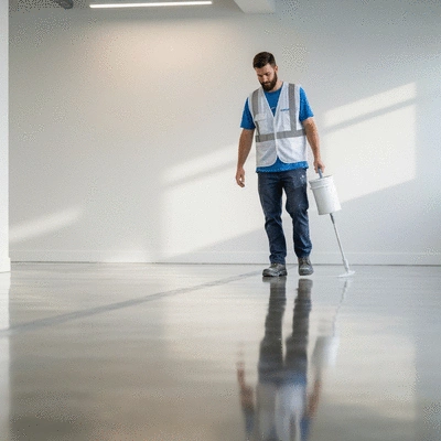 Worker applying protective coating to a polished concrete floor, clean, professional setting, no text, no words, no typography, 8K