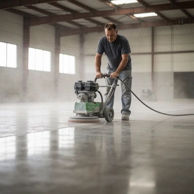 Close-up view of a skilled worker meticulously polishing a concrete floor with specialized machinery, industrial setting, no text, no words, no typography, clean image