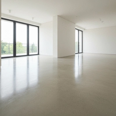 Modern polished concrete floor in a bright, minimalist living space, showcasing durability and clean finish, no text, no words, no typography, 8K