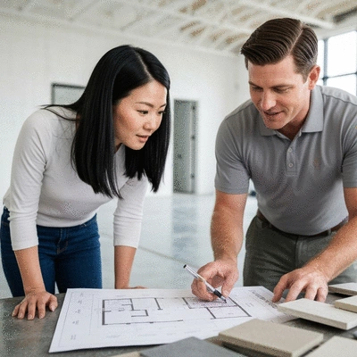 Contractor and client discussing polished concrete flooring project on site