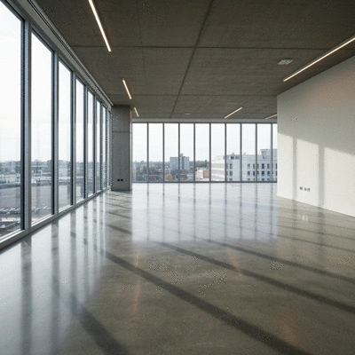 Modern commercial space with highly polished concrete flooring and natural light