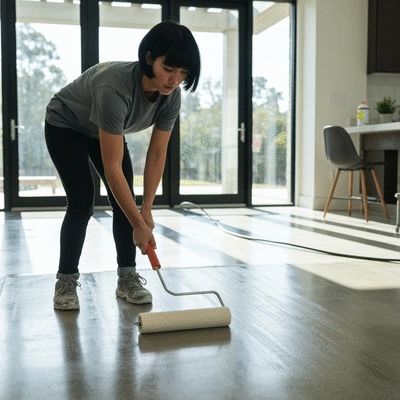 Professional applying a polished concrete sealer to a floor